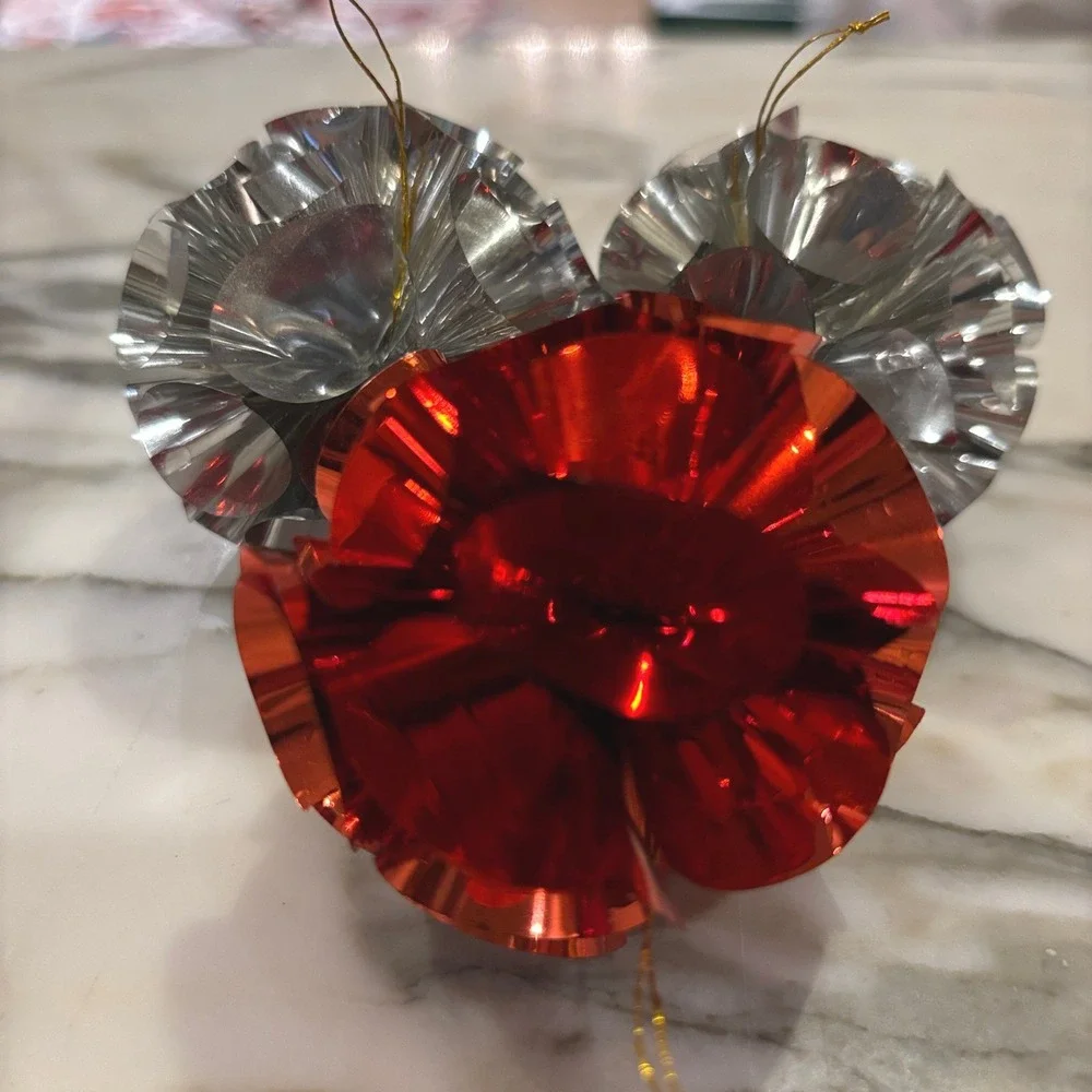 Vintage Tinsel Foil Pom Pom Ornaments Red Silver 3pc Retro